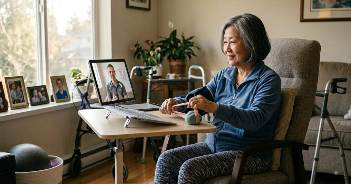 Stroke survivor receiving telerehabilitation from a physiotherapist at home