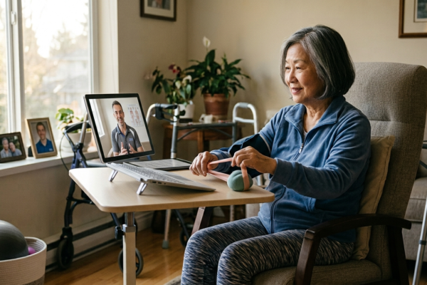 Stroke survivor receiving telerehabilitation from a physiotherapist at home