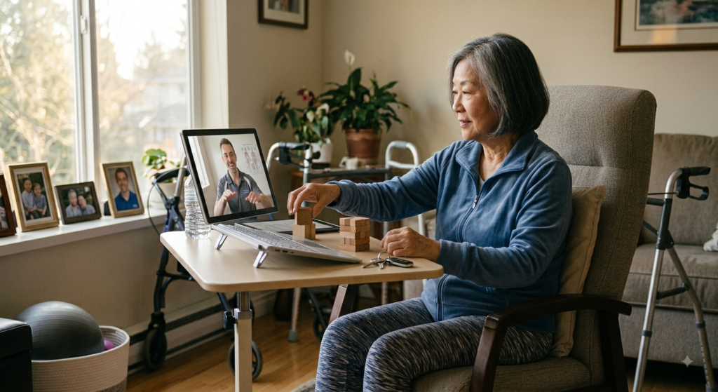 Stroke survivor practising upper limb exercises during home telerehabilitation